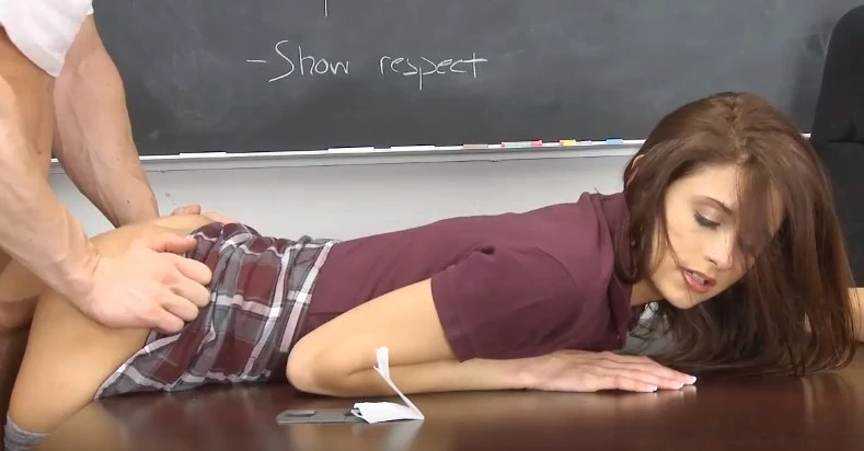 Schoolgirl with small boobs jumps on a dick