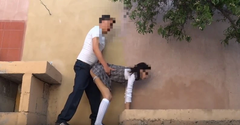 The schoolgirl runs out of school with a guy and they fuck
